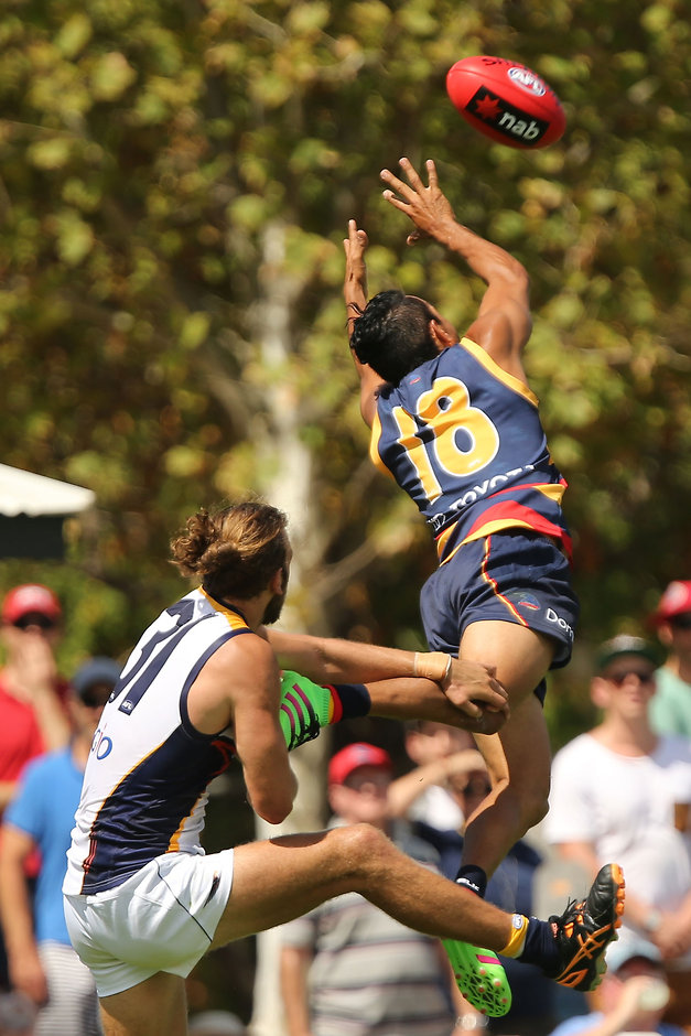 AFL 2016 NAB Challenge - Adelaide v West Coast Eddie Betts soars for an attempted mark against West Coast on Sunday - ${keywords}